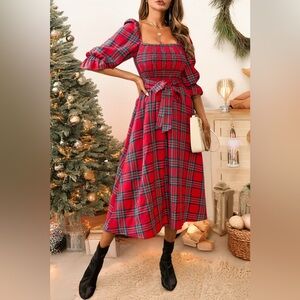 Cupshe Red Plaid Midi Dress with Puff Sleeves